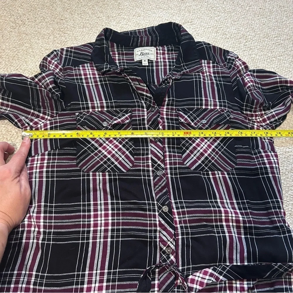 Bass Women’s plaid button up belted Shirt Dress Size Medium Black White Burgundy